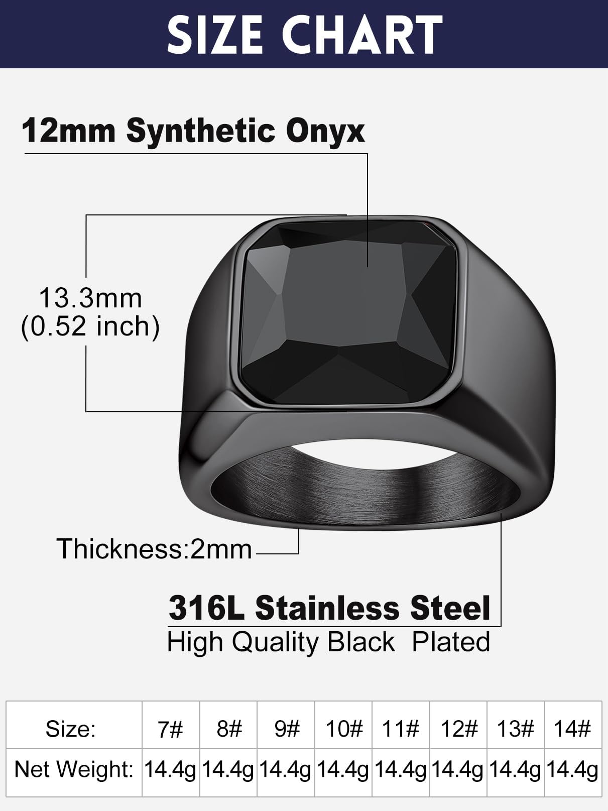 Bandmax Gemstone Signet Rings for Men, Stainless Steel Fancy Cut Cubic Zirconia Rings Blue Topaz/Emerald/Black Onyx/Ruby Ring Statement Ring Wedding Ring Size 7-14