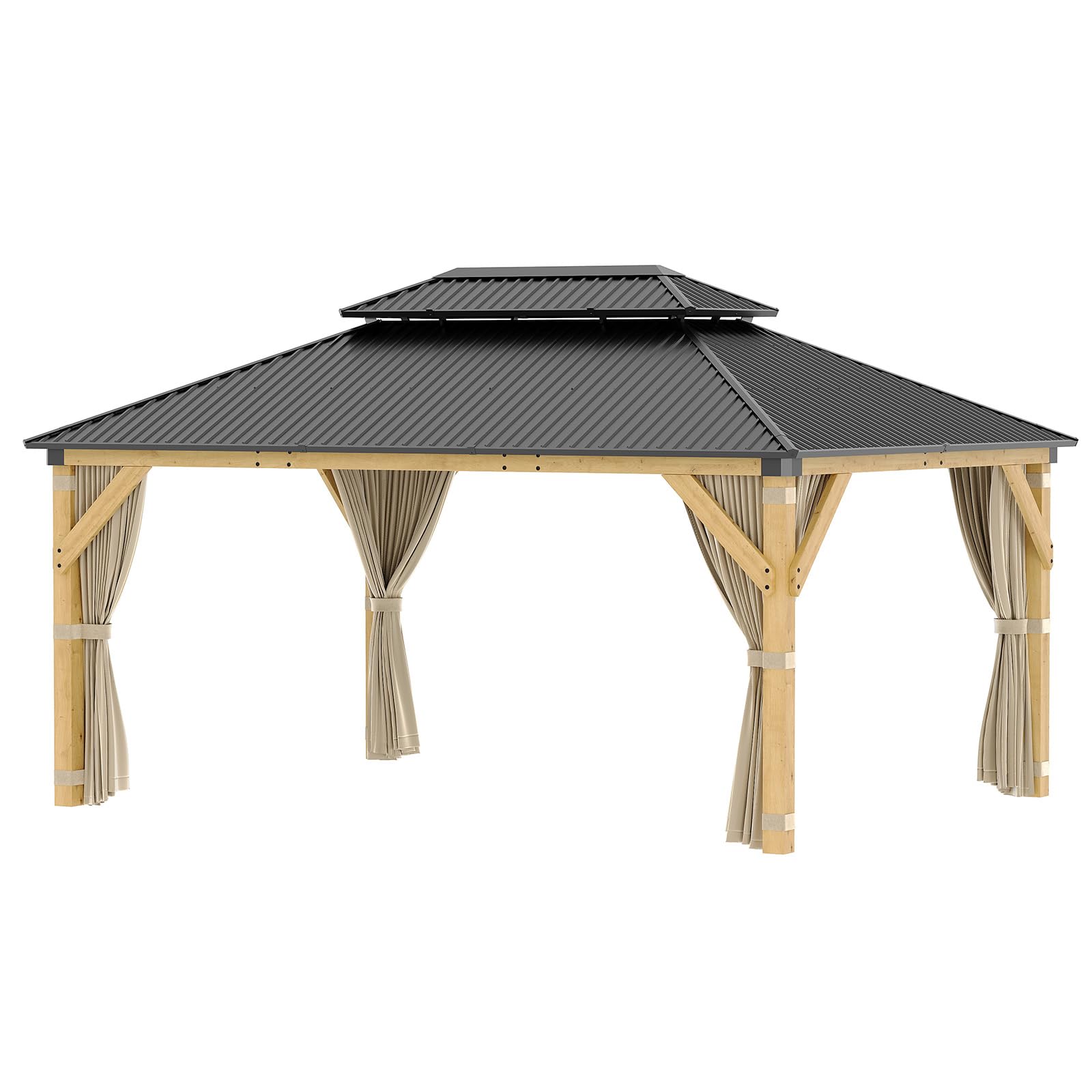 Photo 1 of ***Multiple Boxes*** ***Pick Up With Truck*** EliteEdge Hardtop Spruce Wood Gazebo 12'x16', with Double Roof of Metal Sheets, 4.7'' Heavy Duty Poles, Net, and Curtain, Permanent Building for Patio, Deck, Backyard, Lawn, and Garden-Khaki