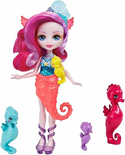 Miniatura 4 de Mattel Enchantimals - Juego familiar con muñeca pequeña Sedda Seahorse y 4 figuras de animales para hermanos, colección de juguetes Ocean Kingdom
