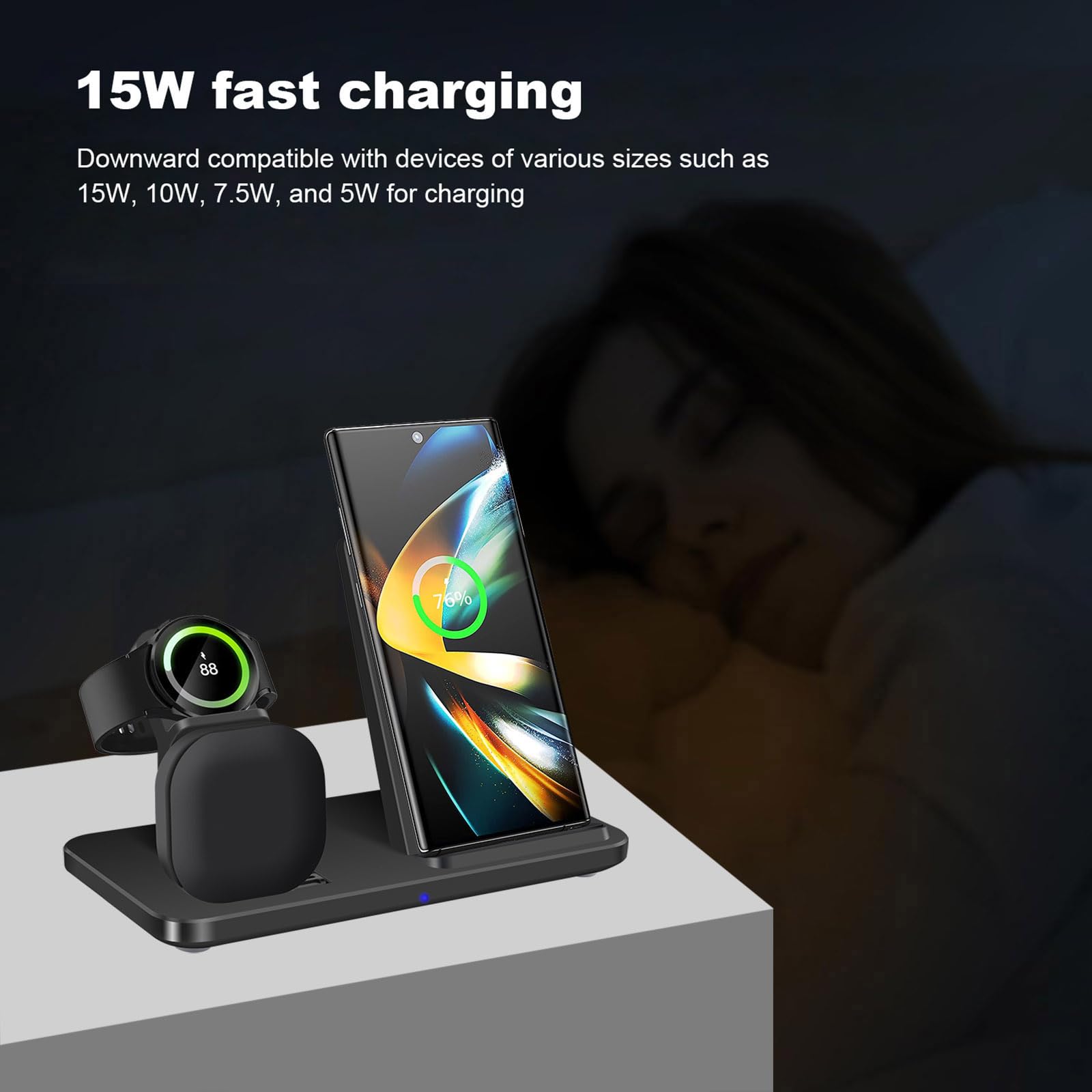 Caricabatterie wireless 3 in 1, stazione di ricarica wireless veloce da 15 W, supporto per Samsung Galaxy S25/S24/S23/S22/S21/S20/S10/S9, Note 20/10, Galaxy Buds Pro/Live, Galaxy Watch7/6/5 Pro/5/4/3