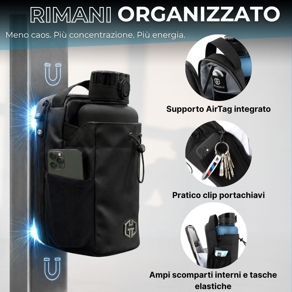 Borsa sportiva magnetica con portabottiglie da 1,5 l, portaborraccia, cellulare e accessori per allenamento, sport e uso quotidiano