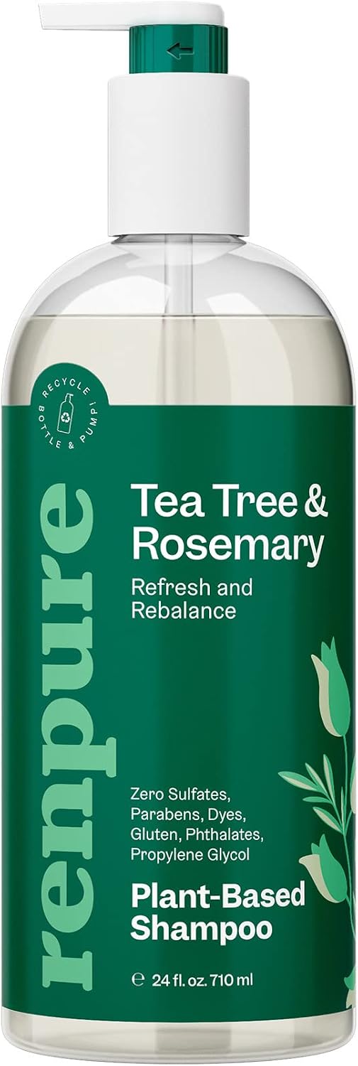 Renpure Plant Based Tea Tree and Rosemary Refresh and Rebalance Shampoo - Soothes Dry Scalp - Delivers Moisture and Shine - Rids Hair of Grime - Dye Free - Recyclable, Pump Bottle Design - 24 fl oz