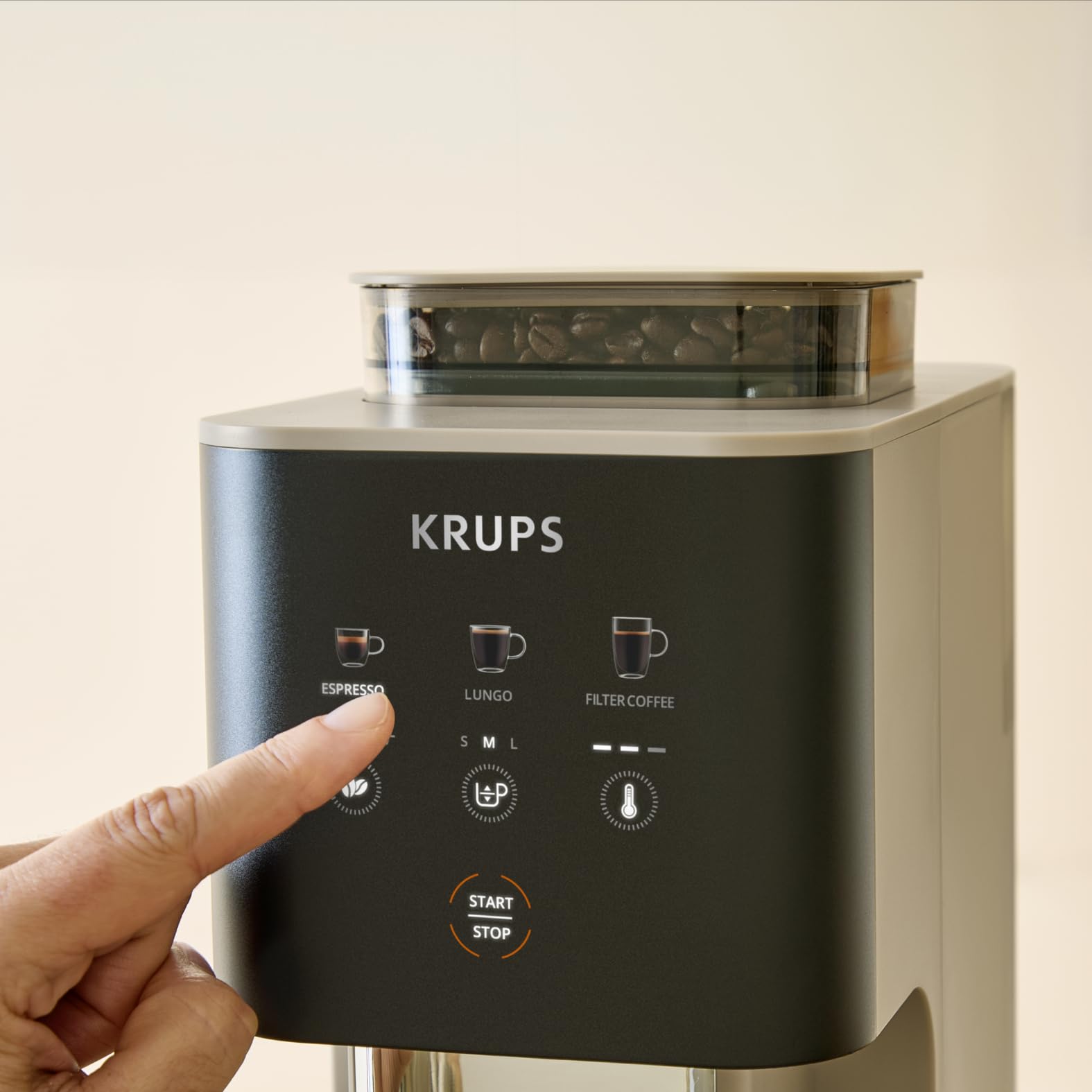 Krups Coffee Crush SA402AE0 Ekspres do kawy ciśnieniowy kolbowy z młynkiem, młynek ze stali nierdzewnej, tylko 15 cm szerokości, inteligentny panel sterowania, ciśnienie 15 barów