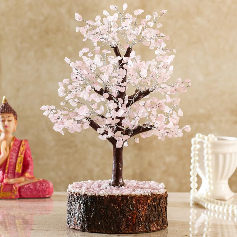 SALVATION GEMS Rose Quartz Gemstone Crystal Tree, 10X10X28 CM | Wealth & Luck, Feng Shui Money, Love Wish Tree | Home, Office Décor, Vastu Gifts