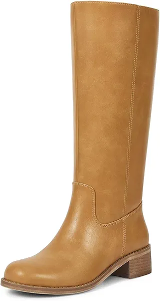 ISNOM Knee High Boots for Women Square Toe Chunky Block Riding Tall Boots with Side Zipper and Low Heel