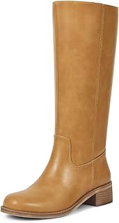 Knee High Boots for Women Round Toe Chunky Block Riding Tall Boots with Side Zipper and Low Heel
