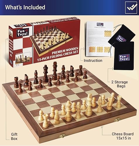 Miniatura 3 de Set de ajedrez clásico de madera plegable de 15 pulgadas de alta calidad. Incluye piezas de madera en bolsas de almacenamiento, tablero e