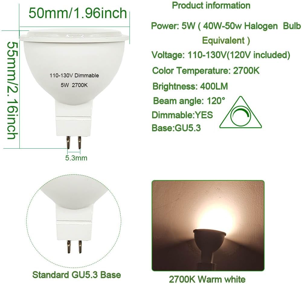 Generic Mr16 gu5.3 led Bulb 120v dimmable 5W 2700K Warm White Spot Light Equivalent to 40w 50w Halogen Bulb for Tracking Light (110-130V Dimmable 2700K)