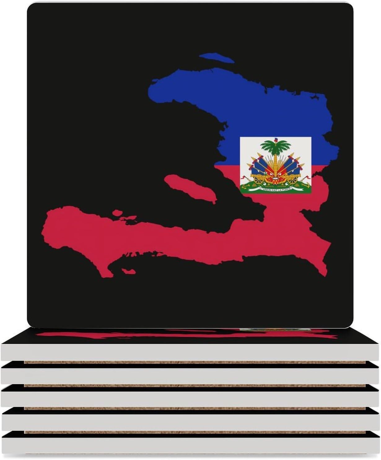 Flag Map of Haitians Funny Ceramic Coasters for Drinks Absorbent Cup Holder Tabletop Protector with Cork Base