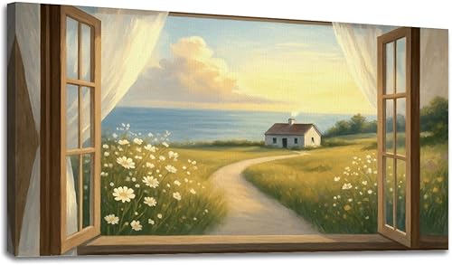 Miniatura 36 de 20"x 40" Canvas Wall Art Vintage Window Landscape Farmhouse Nature Scenery Warm Framed Pictures Painting Print Large Wall Art for Living Room
