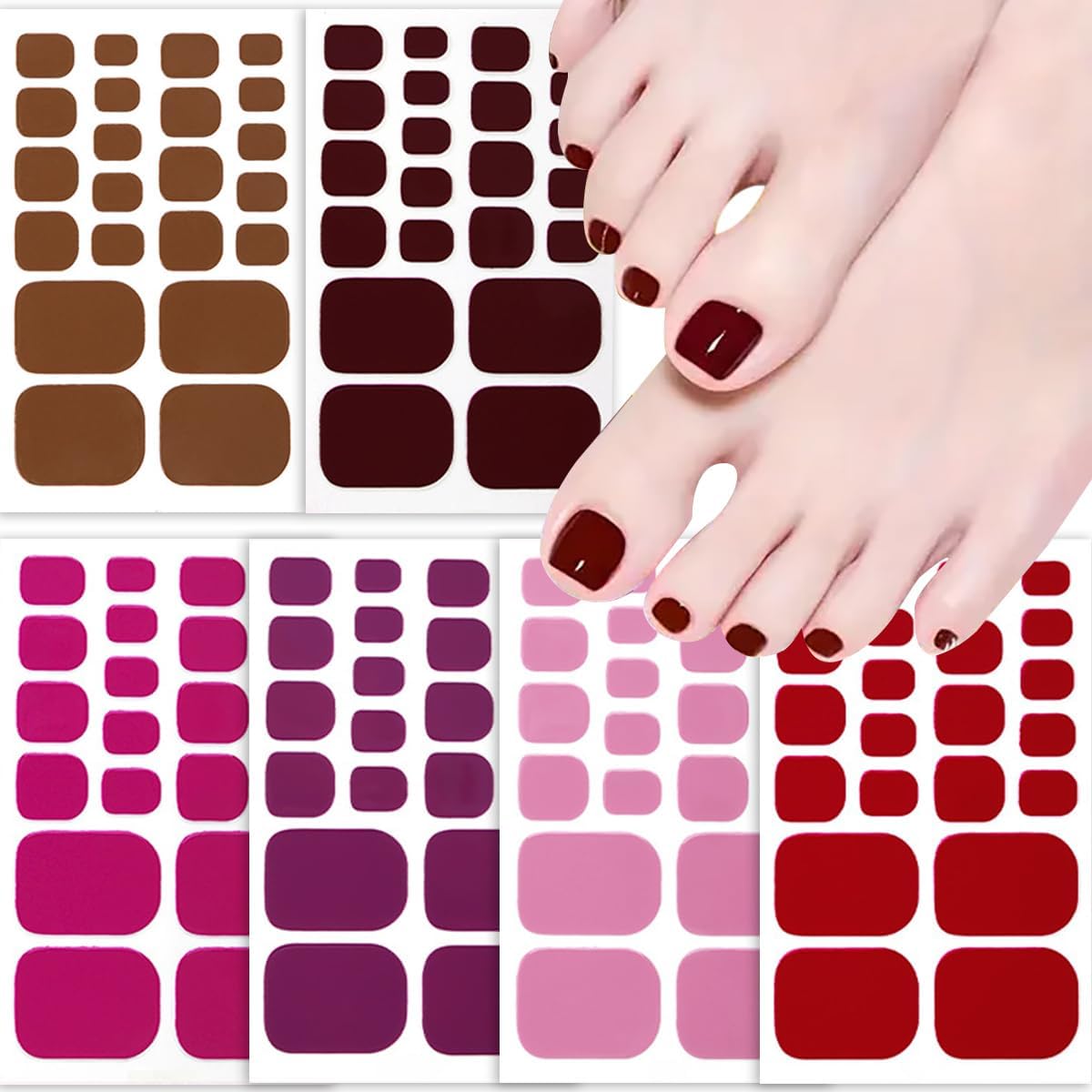 6PCS Summer Solid Color Gel Toe Nail Strips, Colorful Full Cover Self Adhesive Toe Nail Stickers, Elegant Simple Pink Purple Brown Toe Nail Polish Wraps, DIY Manicure Nail Art Decorations for Women