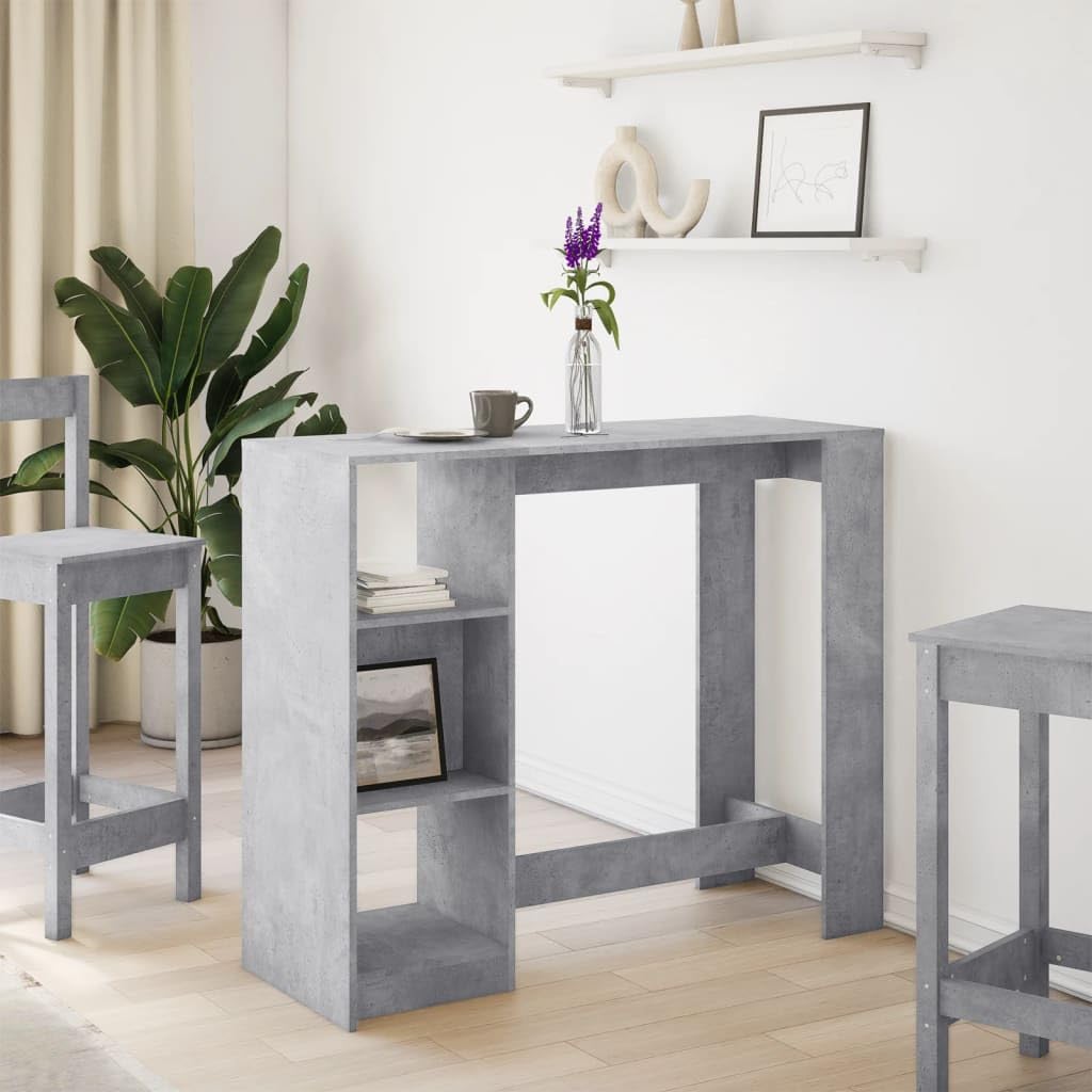 Bartisch Mit Regal Betongrau 124x46x103,5 cm Holzwerkstoff | 4 Fächer Stauraum, Pflegeleicht, Feuchtes Tuch Reinigung, Für Küche Wohnzimmer