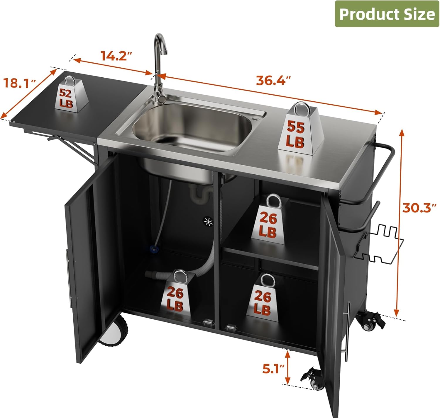Outdoor Grill Table with Sink, Metal Worktable Kitchen Cabinet Island with Foldable Top and Storage Cabinet, Rolling Grill Cart with Wheels for Garden, Backyard and Lawn (Black with Foldable Top)
