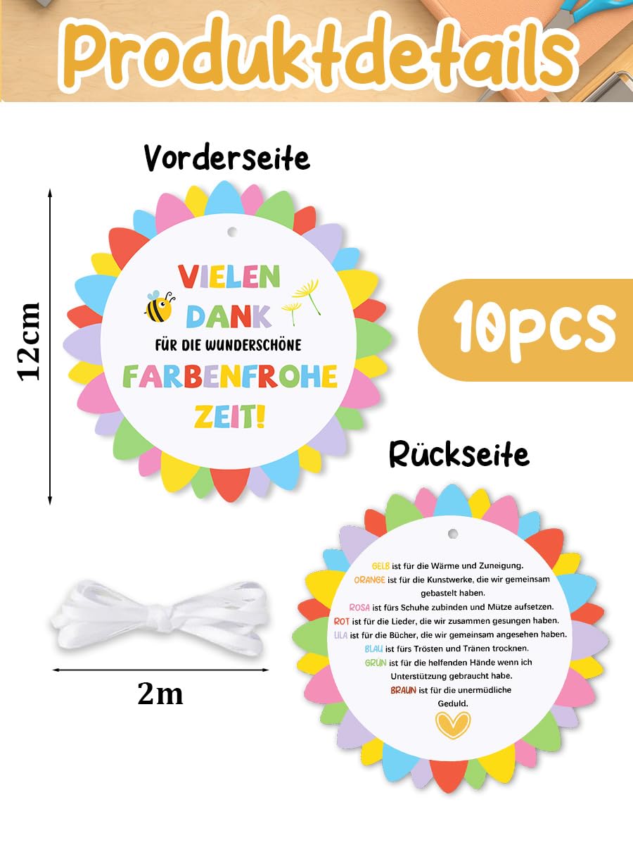 10 Stück Abschiedsgeschenk Erzieherin Geschenkanhänger - Vielen Dank für die Wunderschön Farbenfrohe Zeit, Danke Erzieherin Abschied, Kita & Kindergarten Abschiedsgeschenk für Erzieher