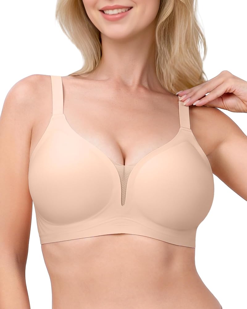 Channo Reggiseno Senza Ferretto Donna: Scollo a V Push-Up Invisibile Confortevole (Beige S