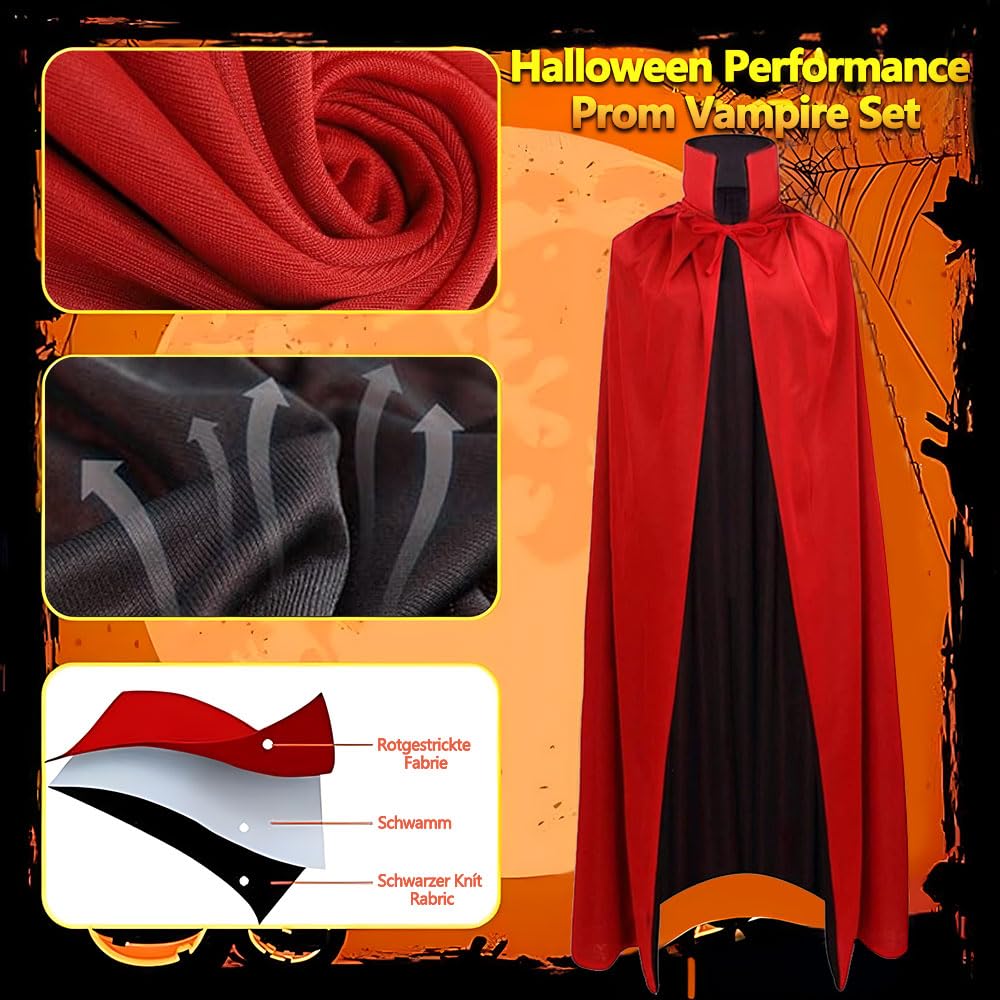 KYWLCO Cape à Capuche de Vampire d'halloween, Unisexe, réversible, Noire et Rouge, pour Halloween, Bal masqué, Cosplay, Carnaval (140cm