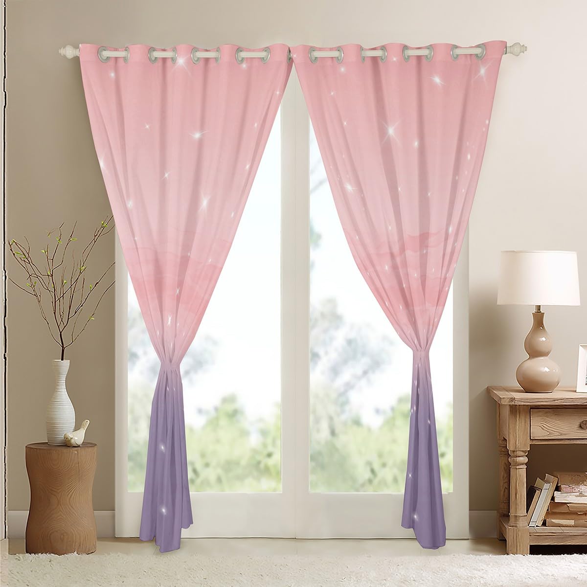 Homemissing Pink and Purple Ombre Curtains for Bedroom Living Room Rainbow Girls 30%-50% Blackout Curtains for Kids Colorful Window Drapes Glitter Window Treatments W66*L90 - Image 4