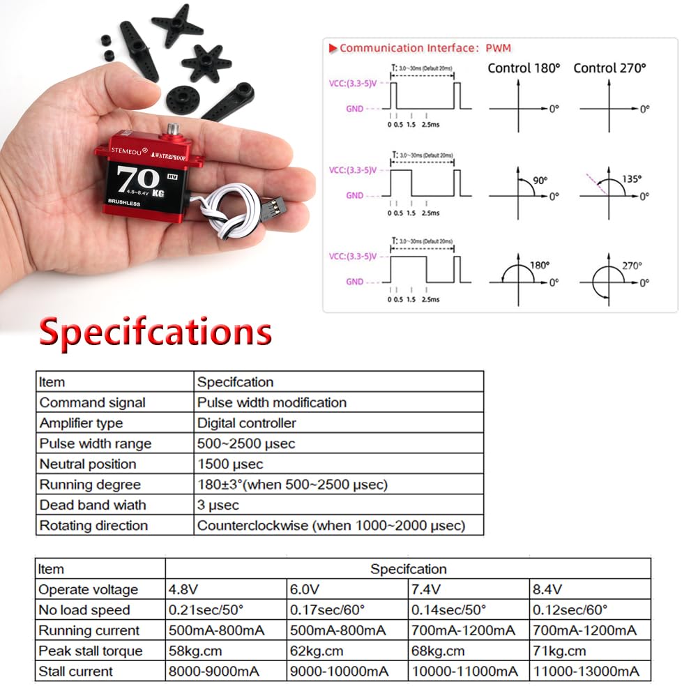 Servomotore digitale RC ad alta coppia 70KG Brushless BLS-HV70MG Servo sterzo ad alta tensione 4.8 ~ 8.4V impermeabile per auto RC 1:8 1:10, angolo di controllo 180 gradi