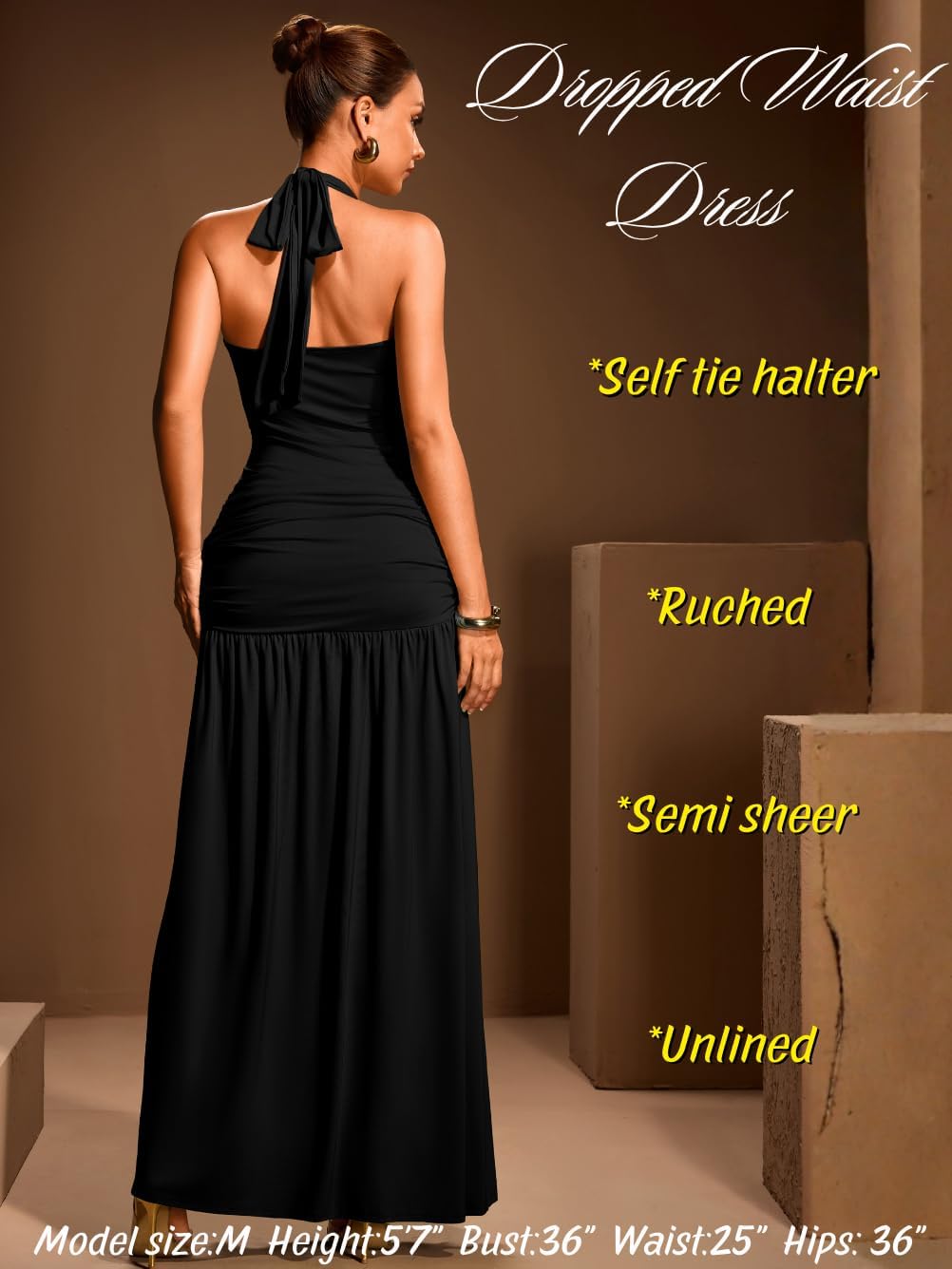 High Slit Maxi Dress, Halter Deep V Neck, Wedding Guest Vacation, Elegant Semi Formal Flowy Bridesmaid Cocktail - Image 4