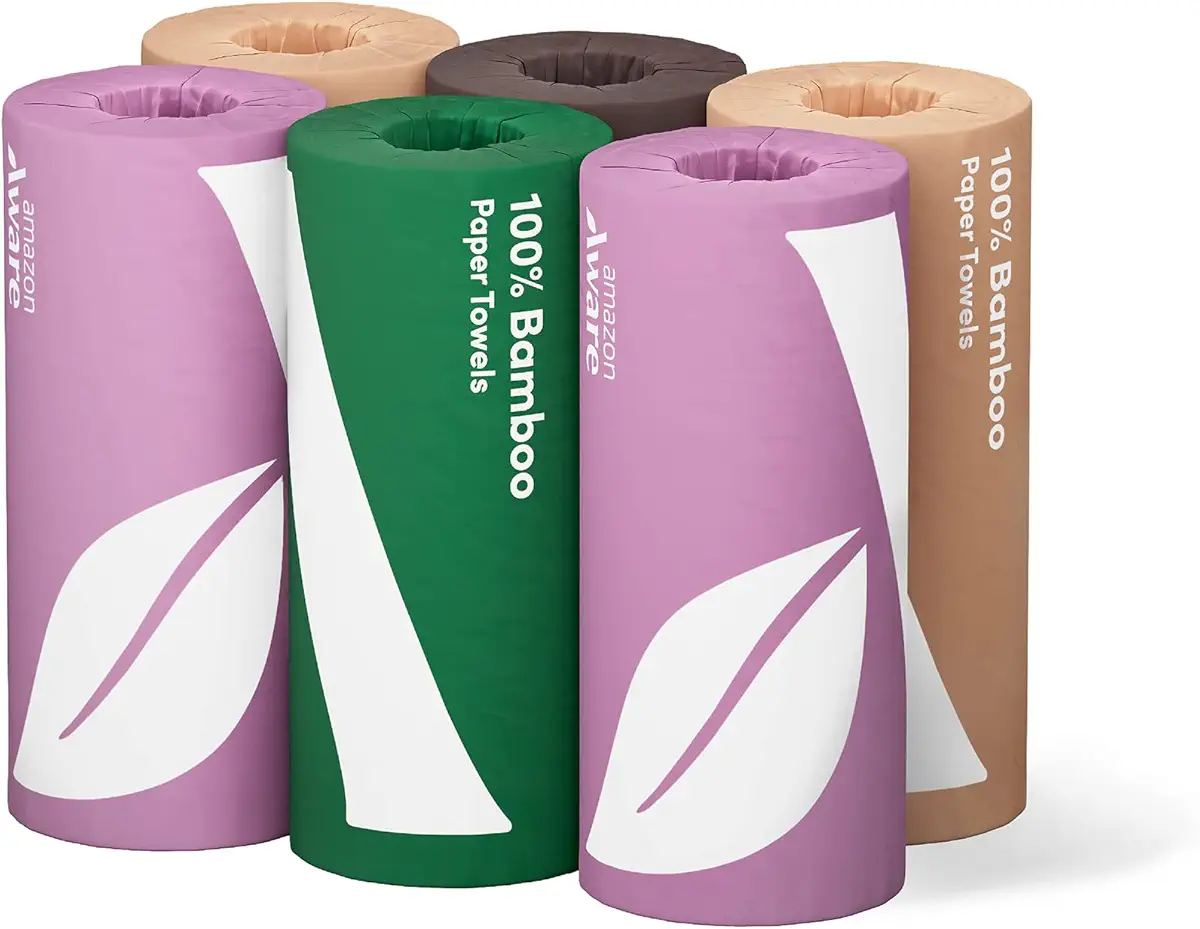 Amazon Aware 100% Bamboo Paper Towels, 6 Rolls, 2 ply, FSC Certified, 150 Sheets, 900 Count, Plastic-Free