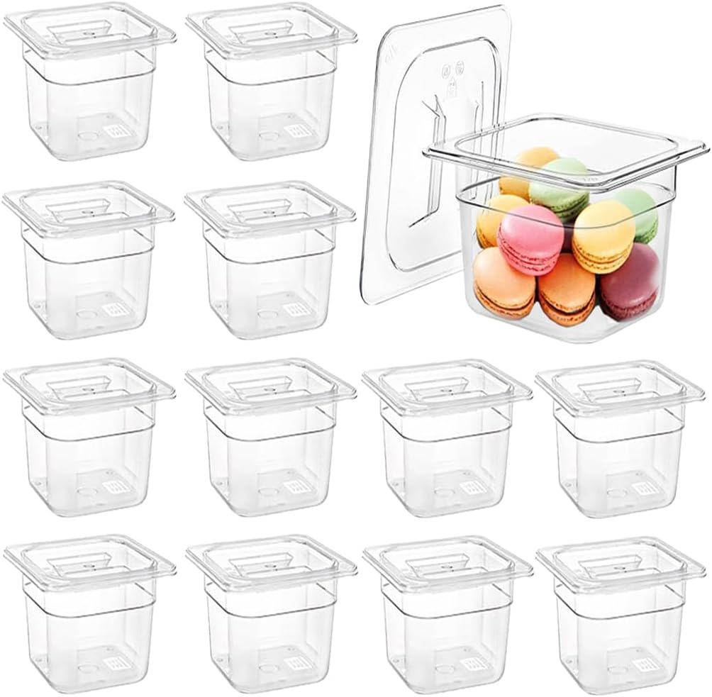 12PCS Clear Food Storage Container 1/6 Size 6 Inch Deep Plastic Food Pan with Lids Salad Bar Containers for Restaurant,Commercial,Hotel,Fruits,Vegetables,Beans