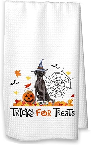 Trucos para golosinas Black Labrador Retriever Toalla de cocina de Halloween, decoración de otoño de laboratorio negro (toalla blanca, laboratorio