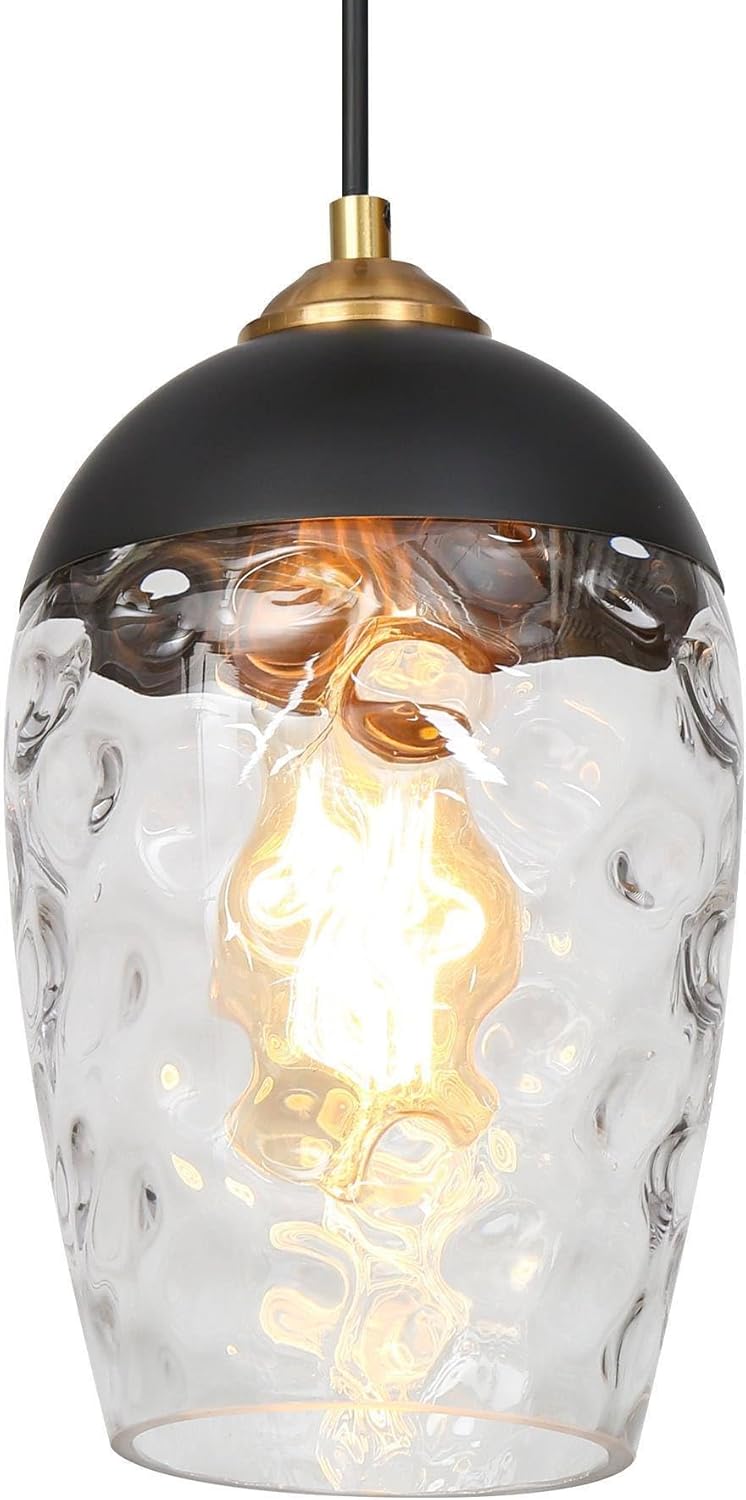Black Gold Pendant Lights, Modern Bell Hanging Light Fixture with Electroplated Brass Accents and Textured Glass Shade for Kitchen Island