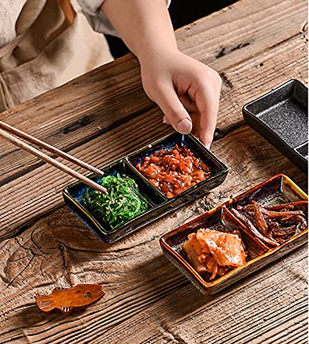 Colias Wing 2 Compartment Divided Rectangle Porcelain Side Dish Bowl Seasoning Dishes Soy Dipping Sauce Dishes-Set of 2-Black/Grey/Blue