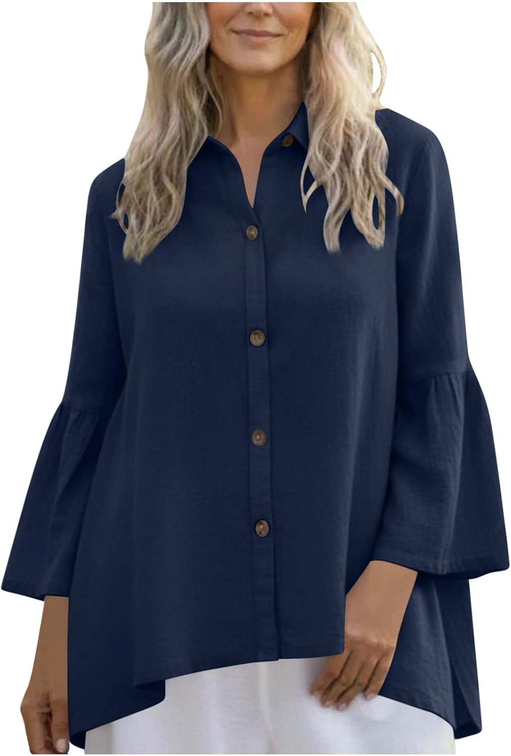 Women's Oversized Shirts Fashion Puff Long Sleeves Button Down Lapel Blouse Tops Flowy Hem Baggy Comfy Shirt