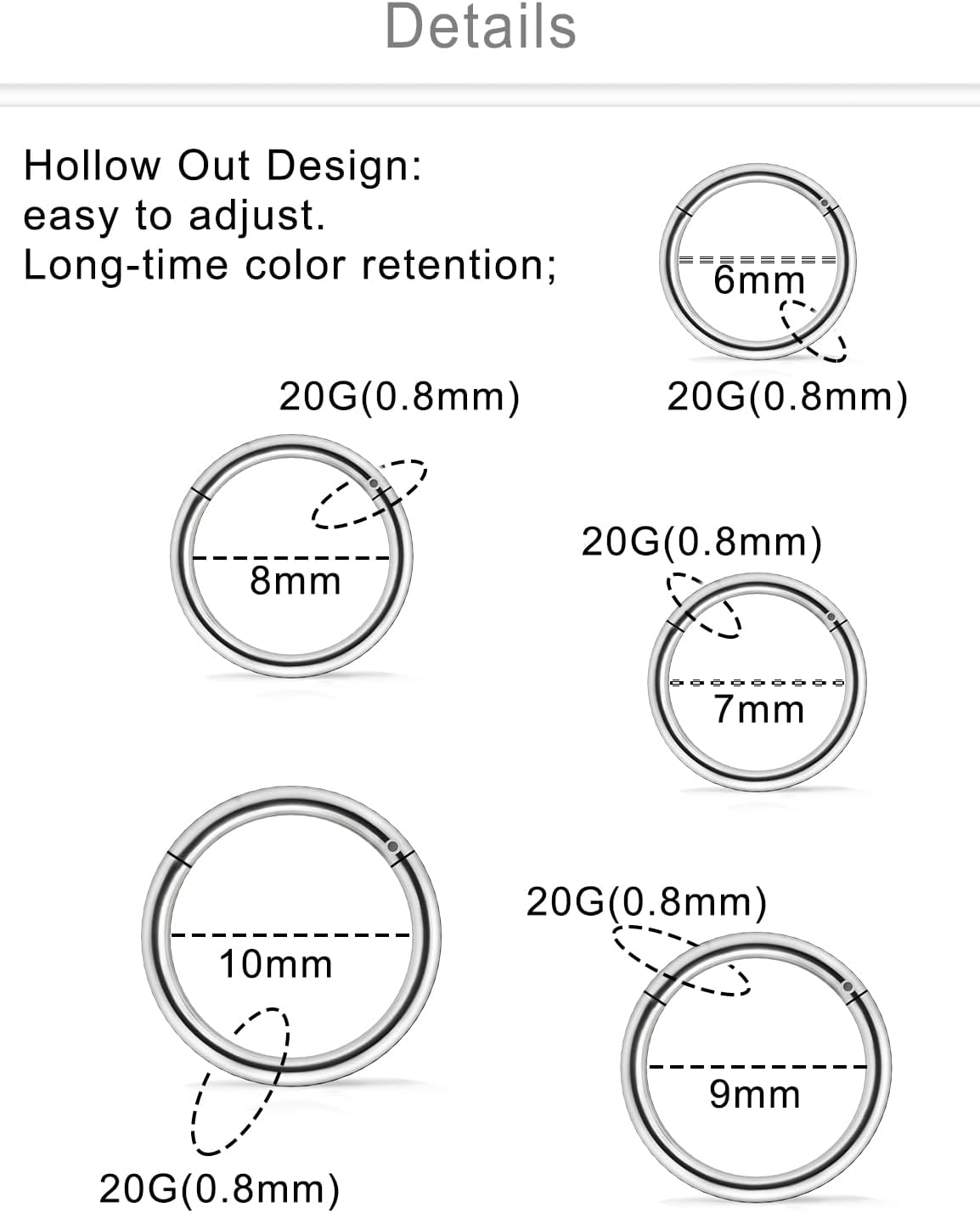 Dyknasz 10PCS 20G/18G Surgical Steel Hinged Clicker Segment Nose Rings Hoops Septum Lip Ring Hoop Cartilage Tragus Helix Sleeper Earrings Piercing Jewelry for Women Men 6mm 7mm 8mm 9mm 10mm - Image 2