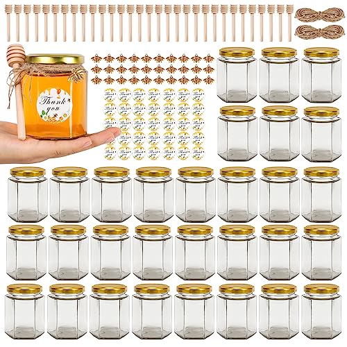 BIGIVACA 6 oz Mini Honey Jars - 30 Pack Hexagon Glass Jars with Wood Dippers, Gold Lids, Bee Pendants, Jutes, Stickers for Wedding Favors, Party Favors, Candle Making