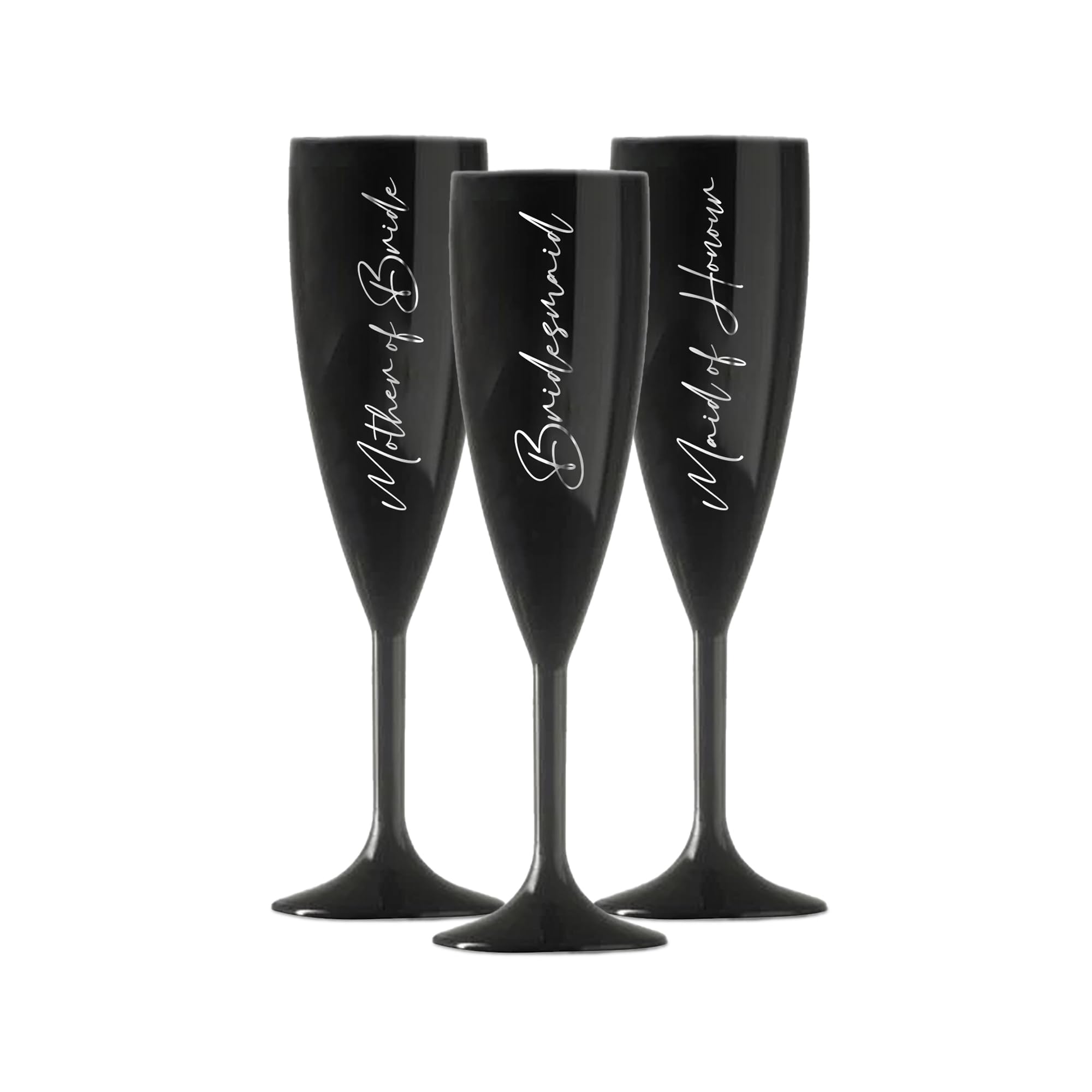 Print Maniacs Champagne Premium Black Flute Glass Bride Groom Mr Mrs Wedding Maid Honour Wine Cocktail Prosecco Celebrations Gift (Silver, Set of 3 Brides Side)