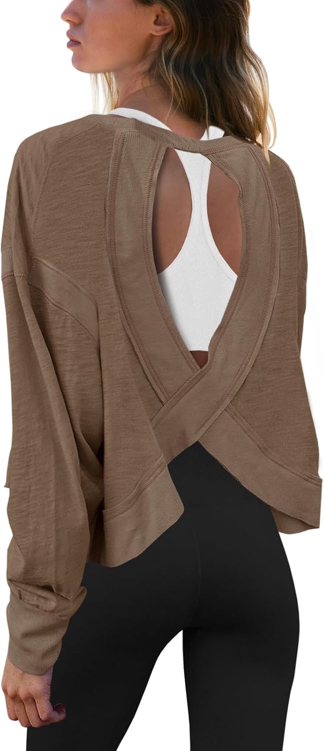 Panadila Womens Open Back Workout Top Long Sleeve Athletic Shirts Casual Crop Running Tee Y2k Yoga