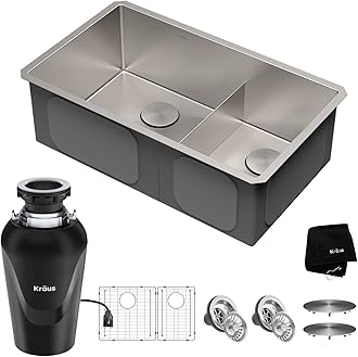 KRAUS Standart PRO™ 32-inch 16 Gauge Undermount 60/40 Double Bowl Stainless Steel Kitchen Combo with WasteGuard™ Continuous Feed Garbage Disposal, KHU103-32-100-75MB