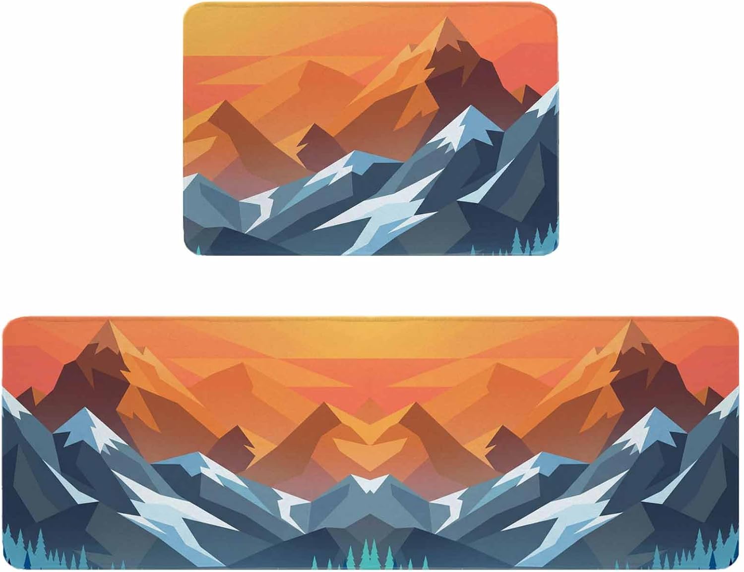 Orange Mountain Kitchen Rugs and Mats Set of 2, Non-Slip Kitchen Sink Mat, Farmhouse Blue Forest Trees Nature View Washable Doormat Bathroom Rugs Runner for Bedroom/Living Room 15.7"x23.6"+15.7"x47.2"