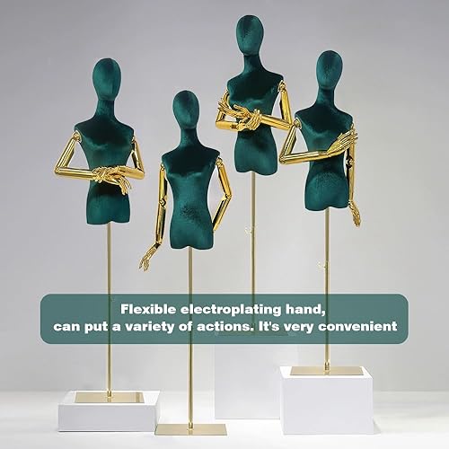 Miniatura 5 de DE-LIANG Maniquí con forma de vestido femenino, maniquí de terciopelo verde, torso, parte superior del busto, forma de vestido ajustable con brazos