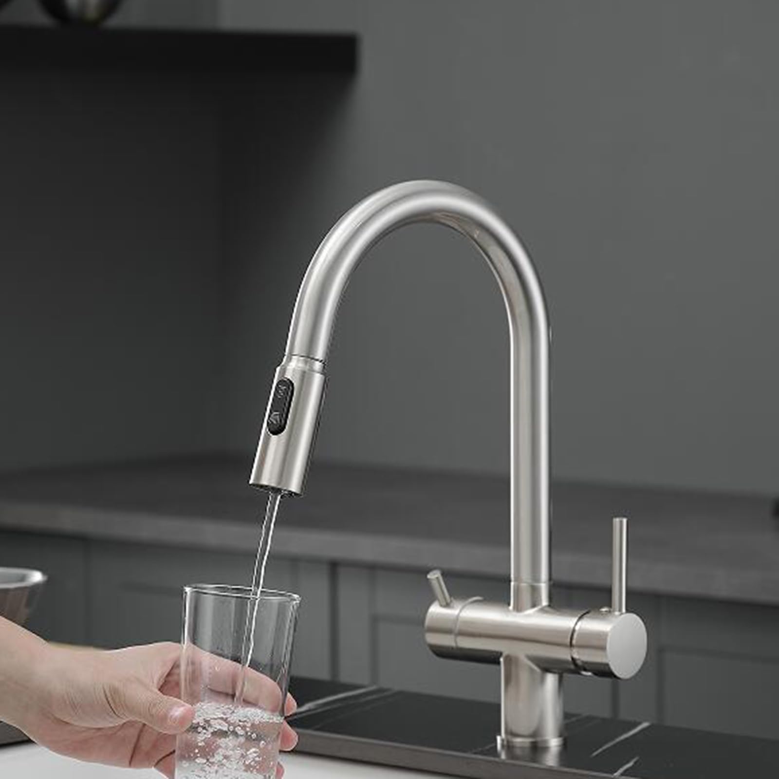 Grifo Cocina 3 Vias Osmosis Extraible Doble Manija Giratorio Latón Grifo 3 Vias Extensible-Cepillado