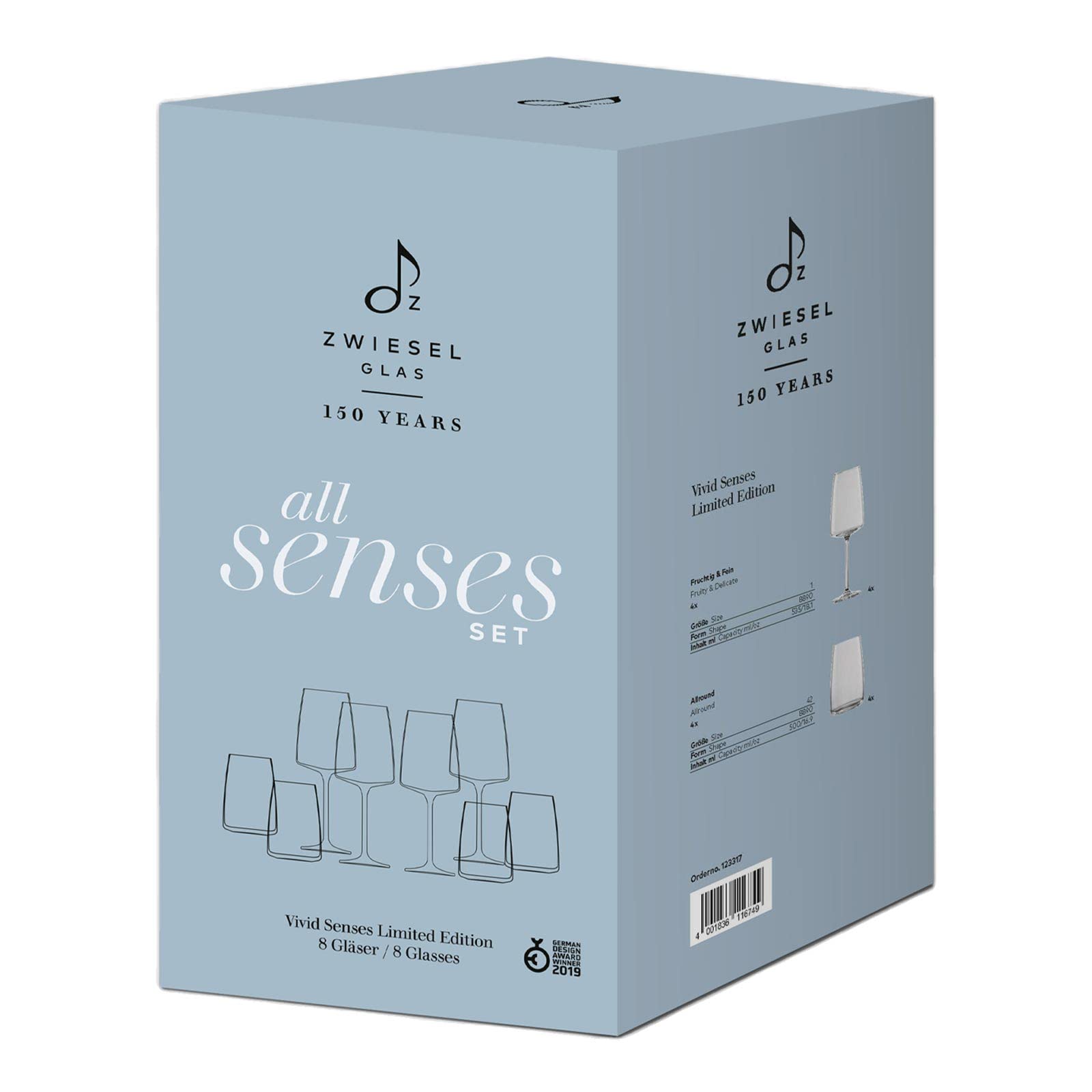 Zwiesel Glas Vivid Senses - Juego de copas de vino y agua (8 piezas, en caja de regalo, copa de vino afrutada y fina, 535 ml, vaso multiusos de 500 ml, apto para lavavajillas)