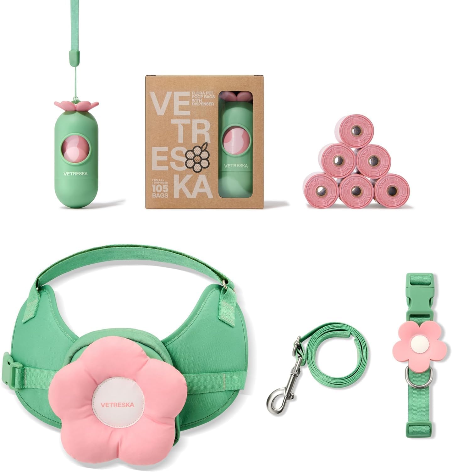 VETRESKA Flora Dog Harness, Leash and Collar Set with Poop Dispenser and 105 Poop Bags, Pull Dog Vest Harness for Walking and Training, Easy Control and Soft Padded Pet Harness for Dogs, M