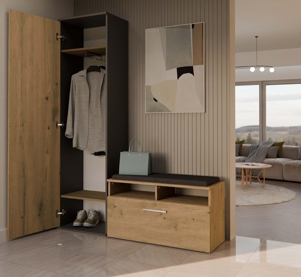 CDF ATARA - Placard de hall avec grand miroir - 180x50x35 cm - 2 étagères + espace de suspension - Meuble de hall