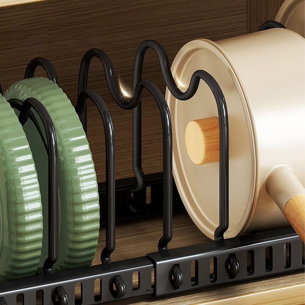 Organizador de gabinete de cocina ajustable para ollas, sartenes, tapas, estante expandible, 13 divisores, ahorro de espacio (blanco)