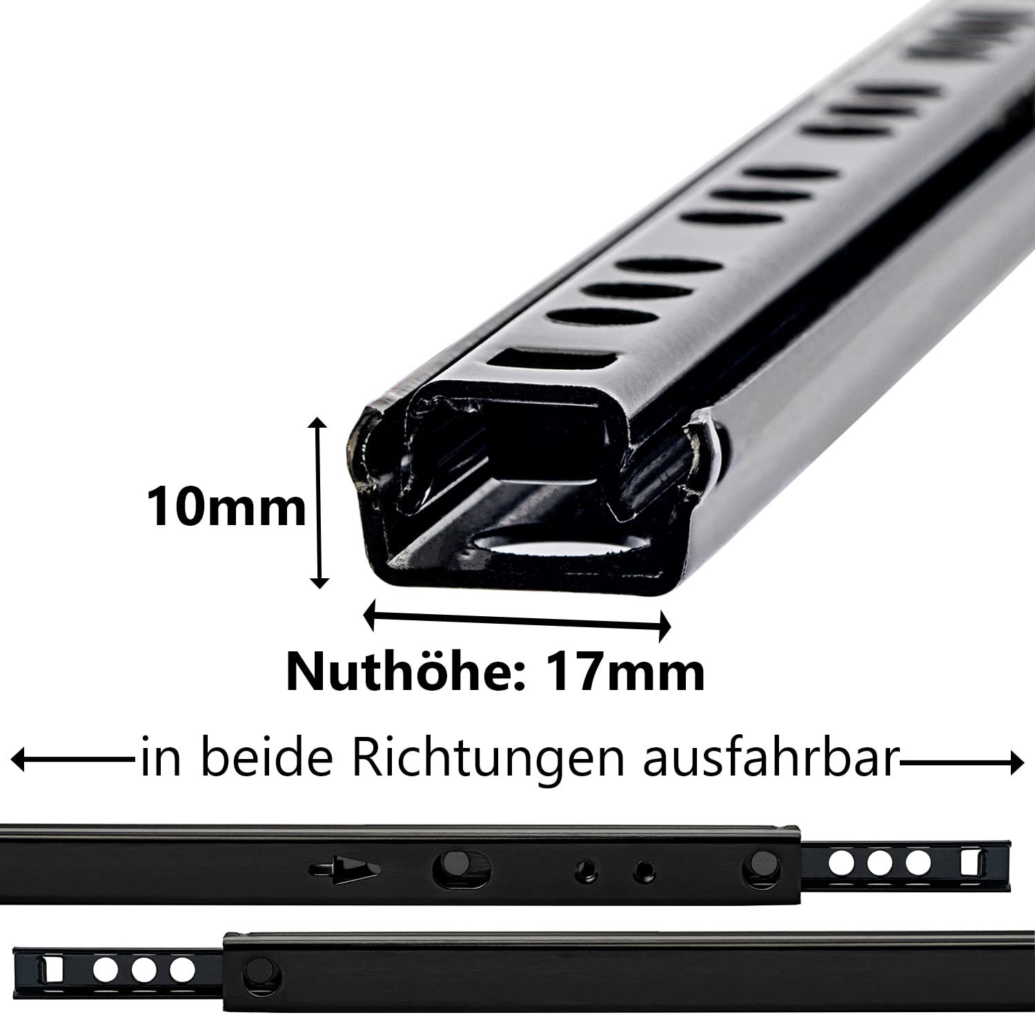 Neuhall Drawer Runners 278 mm Nut Height 17 mm Black (Set of 2) Drawer Runners for Drawers Runners for Drawers Partial Extension Including Screw Set - Image 4