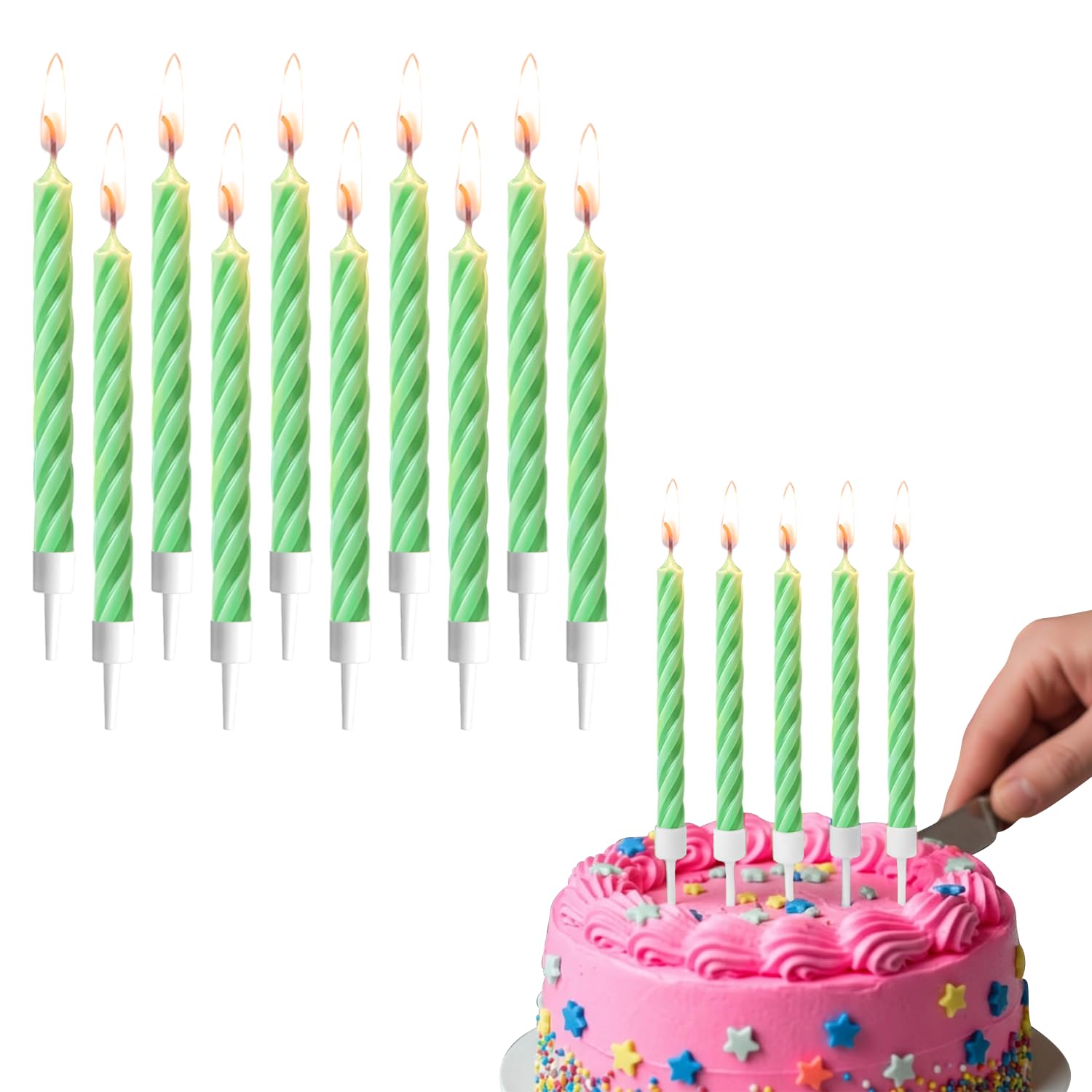 AEX Pack of 10 Green Birthday Candles with Holders | Spiral Cake Candles for Cakes | Non-Toxic Wax Birthday Cake Candle Set | Party Candles for Birthday, Anniversary & Celebration Cakes
