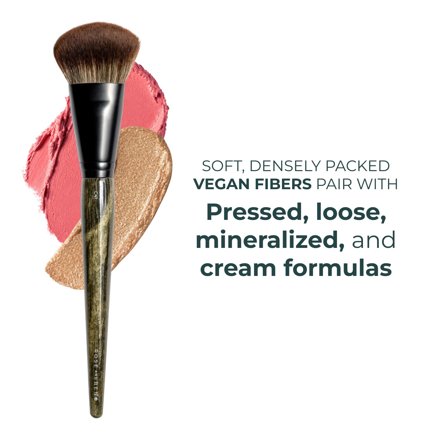 Rose and Ben Beauty Brocha para rubor, cepillo profesional para una aplicación de maquillaje impecable, no desprende pelo en ángulo y libre de crueldad animal para cosméticos prensados, en polvo y