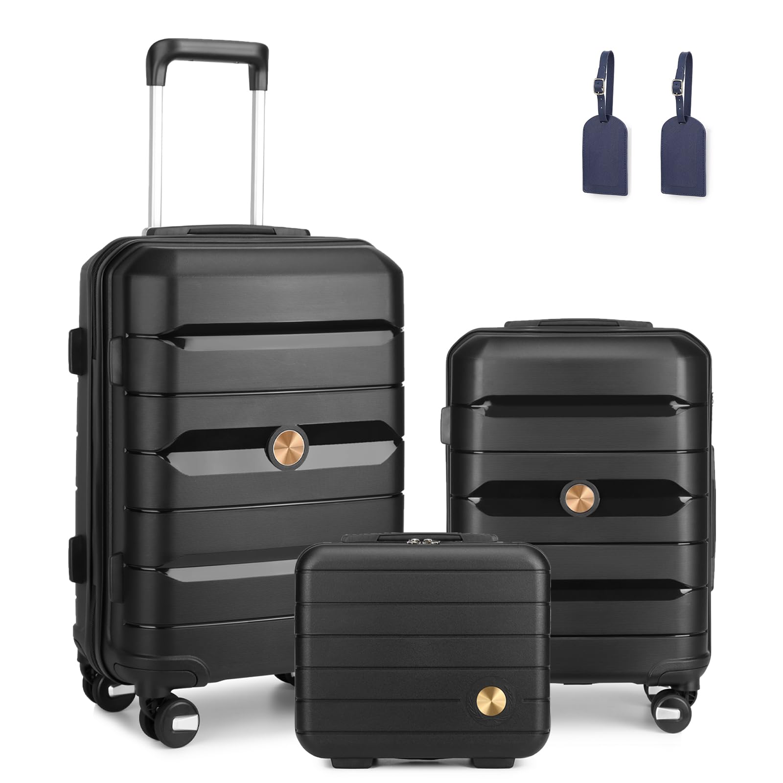 Somago Luggage Sets 3 Piece Hard Shell Polypropylene Suitcase with TSA Lock Spinner Carry On Luggage with Beauty Case Travel Set,Classic Black