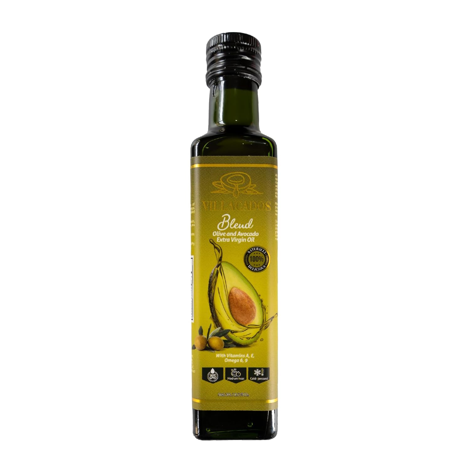 Villacados Extra Virgin Avocado & Olive Oil Blend - 100% Pure Cold Pressed Unrefined, Keto Vegan Cooking Oil for Frying Grilling Dressings 8.5oz