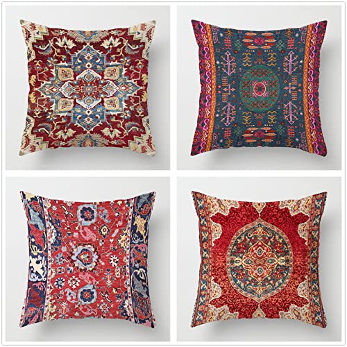 Zosoore Fundas para Cojines de 80x80cm,Juego de 4 Funda de Almohada del Decorativos de Tela de Flax,Bohemia roja Funda de Almohada Cuadrado para Sala Sofá Cama Decoración para Hogar Fundas A613