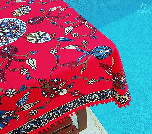 JIJIMA Square Red Iznik Floral Tile Print Turkish Ottoman Cotton Tablecloth Red Pom-Poms