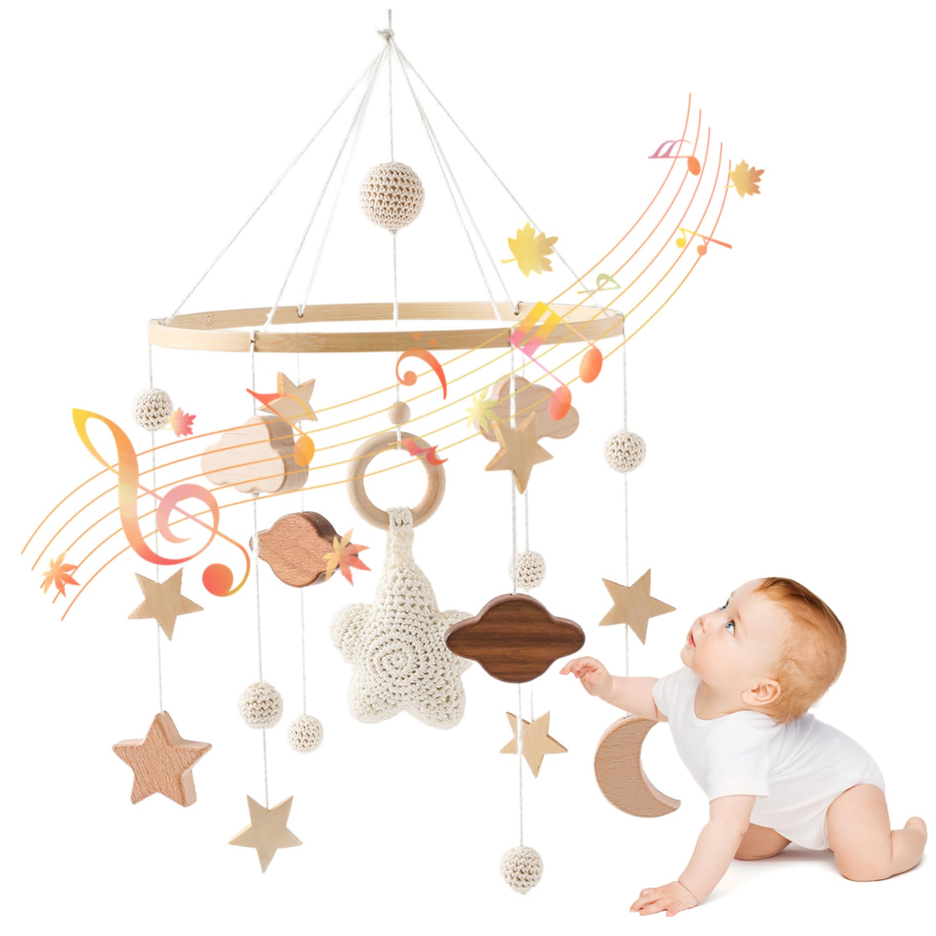 Crib Mobile | Baby Crib Mobile Stars Clouds Moon Hand Crocheted Wood Nursery Hanging Boho Toys with Crisp Sound for Boys Girls