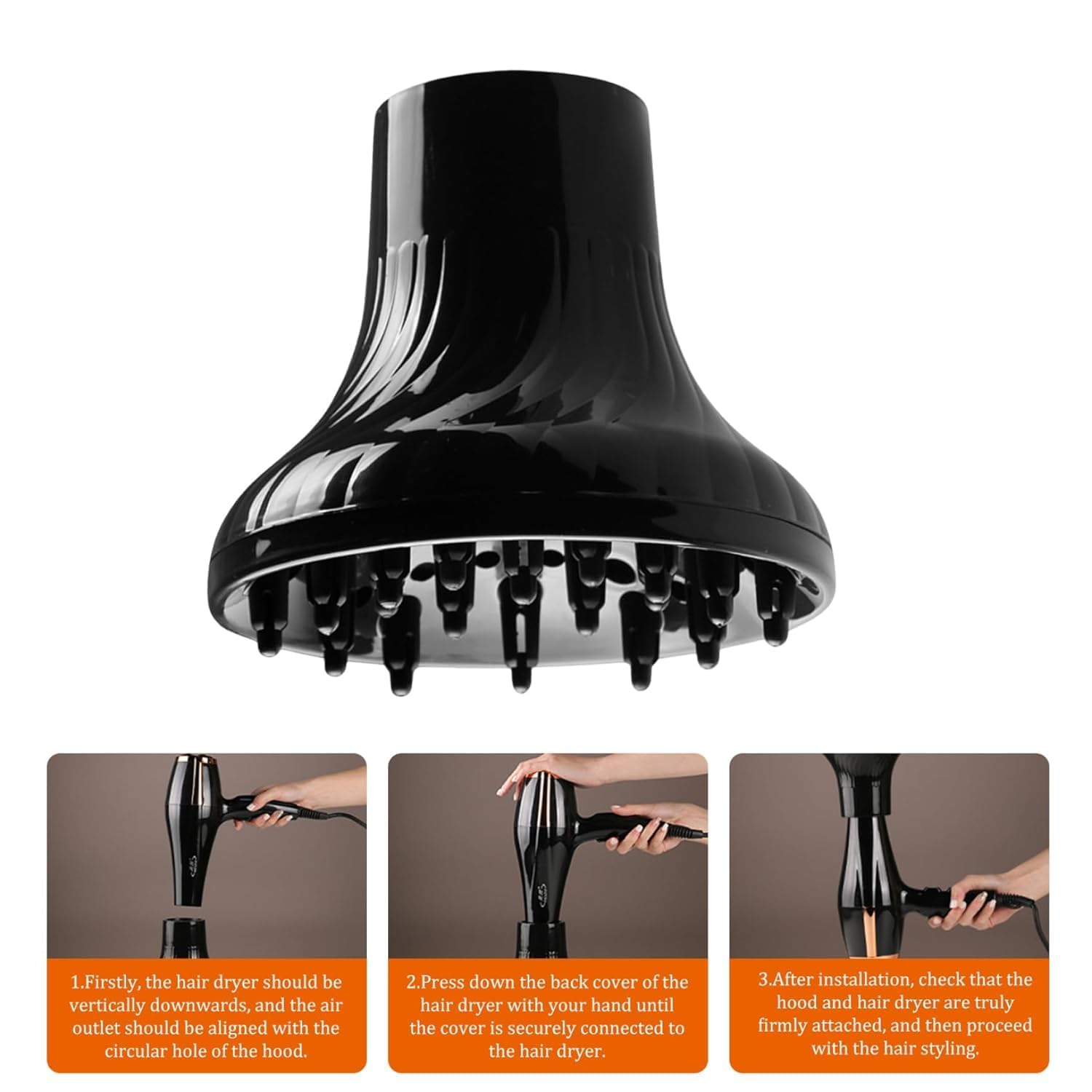 Kresal Hair Diffuser, Universal Hair Dryer Diffuser For Curly Hair and Natural Hair, Professional Hair Diffuser Attachment Fits 99.9% Blow Dryer Nozzle 1.5"- 2.67" to Minimizes Frizz Volume (Black) - Image 2 thumbnail